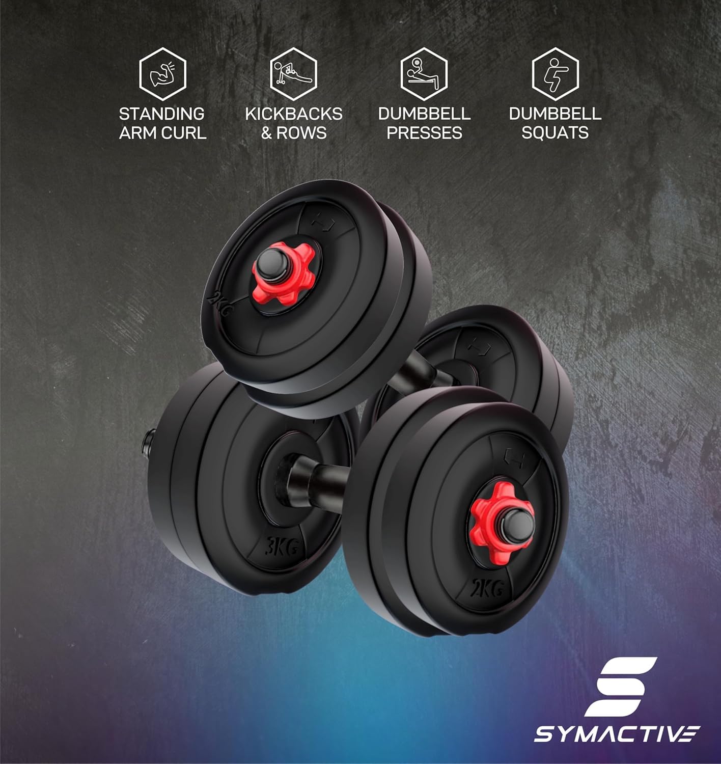 Symactive 20 Kg PVC Adjustable Dumbbells Fitness Kit for Full Body Workout (2 Kg x 4 + 3 Kg x 4 Kg Weight, One Pair 14'' Dumbbell Rods & Nuts)