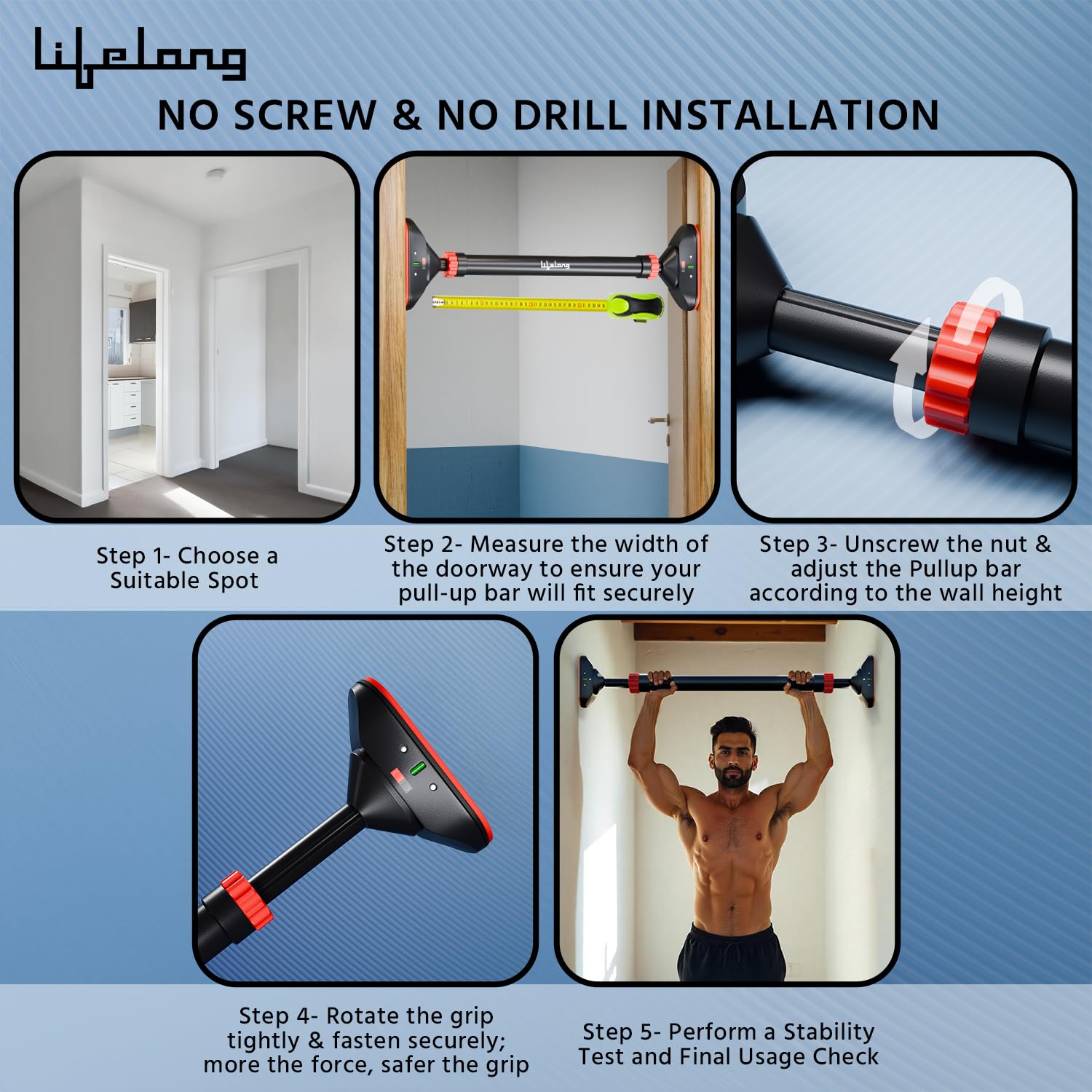 Lifelong Doorway Pull-Up Bar for Home Gym – Adjustable 74–97 cm Chin-Up Bar, No Screws Required, Secure Locking System, Upper Body Workout Equipment