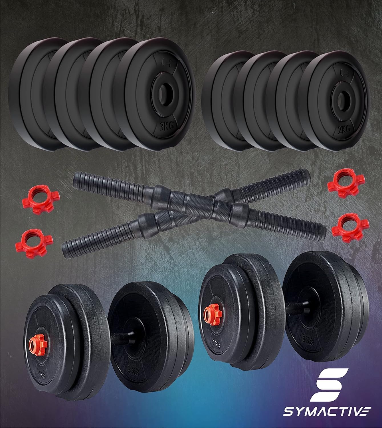 Symactive 20 Kg PVC Adjustable Dumbbells Fitness Kit for Full Body Workout (2 Kg x 4 + 3 Kg x 4 Kg Weight, One Pair 14'' Dumbbell Rods & Nuts)